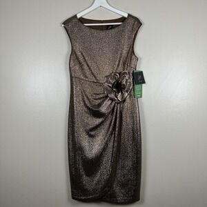 JH Evenings Women's 10 Sheath Dress Gold Metallic Floral Side Drape JC5M8193